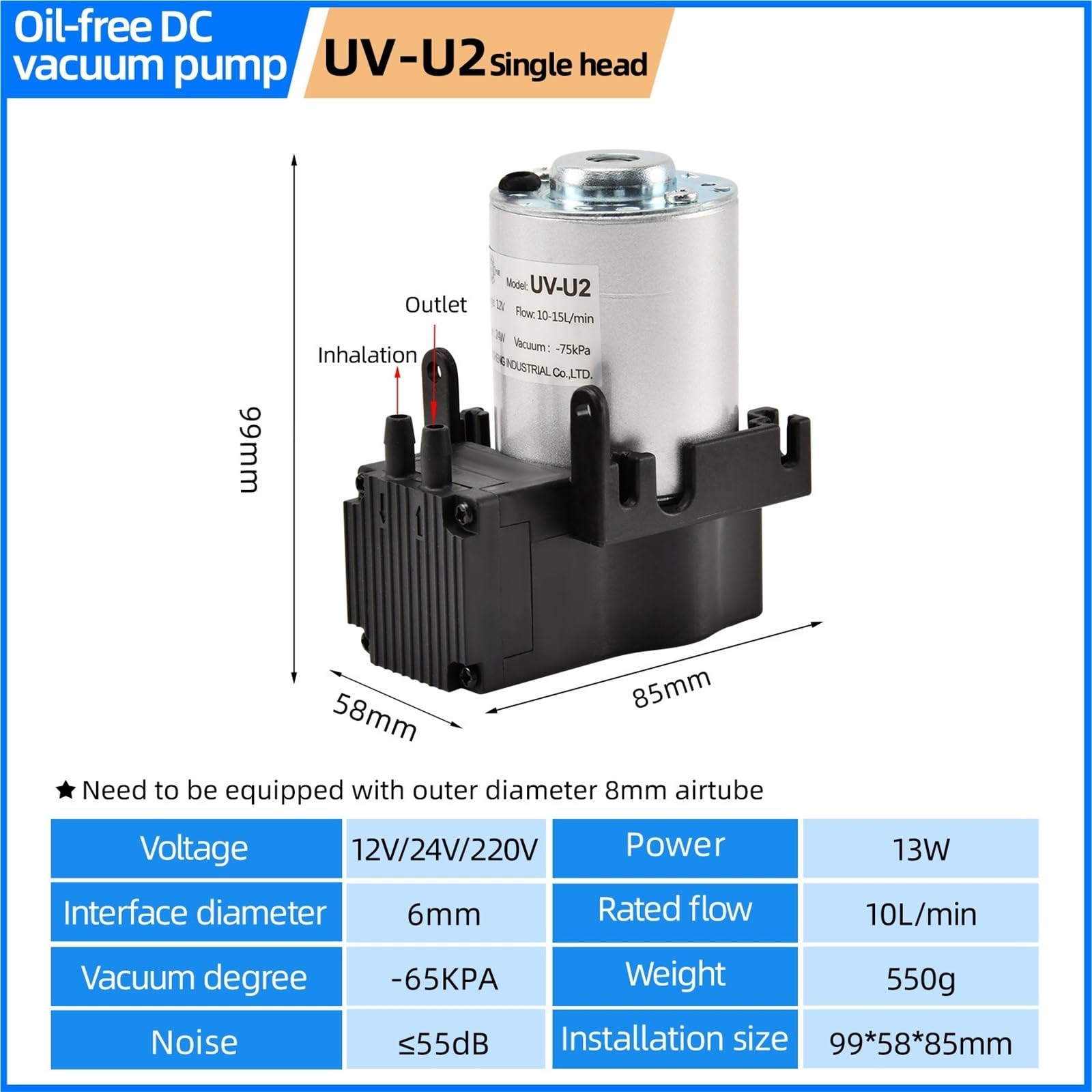 Bomba de aire de diafragma pequeña de 12 V/24 V CC, alta presión negativa, for inflador de laboratorio (DIY)(12V,UV-U2 single head)