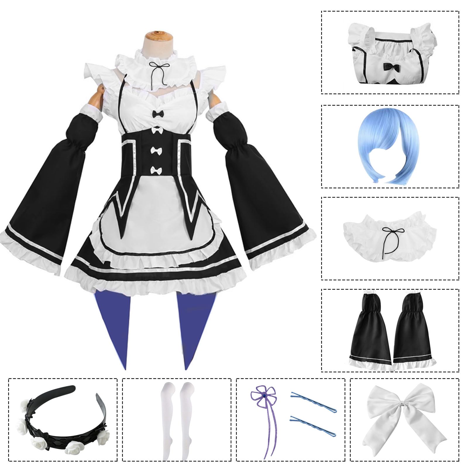 Sukienka pokojowa, czarno-biała, klasyczny kostium anime, kostium pokojówki z niebieską peruką, kostium karnawałowy, na Boże Narodzenie, Halloween, imprezę, karnawał, rozm. M