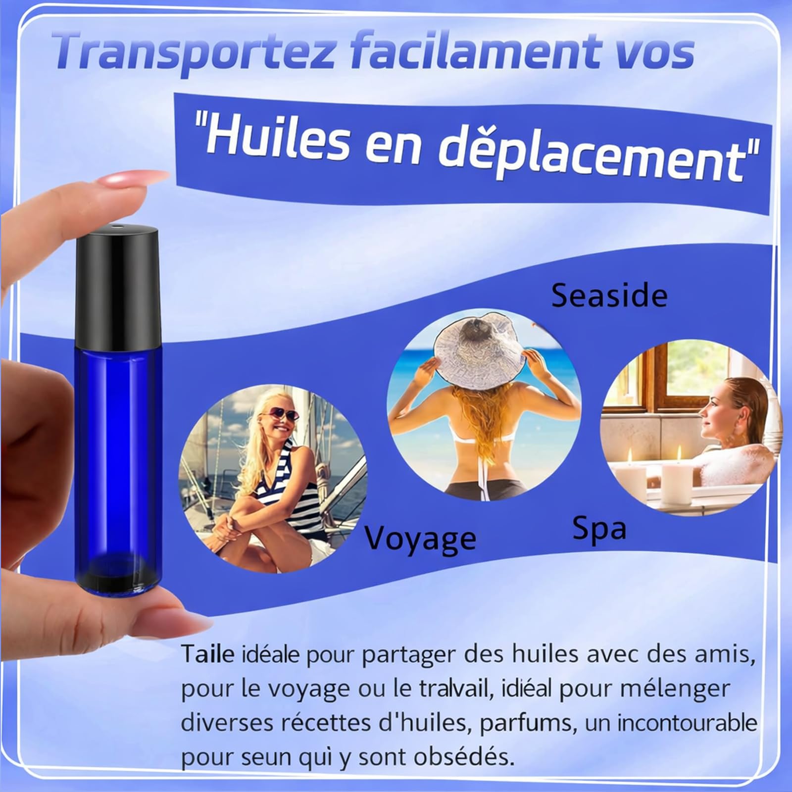 Lot de 50 Flacon Roll On Vide 10ml pour Huiles Essentielles – Flacons en Verre Roller avec Bille en Acier Inoxydable, Rechargeables et Vides pour Parfums, Aromathérapie, Massage, Voyage (Bleu)