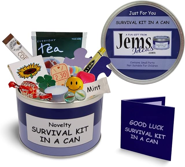 Good Luck Survival Kit In A Can. Humorous Novelty Fun Gift - Present & Card All In One. New Job, Leaving, Emigrating, Moving Away etc. Customise Your Can Colour. (Purple/Lilac)