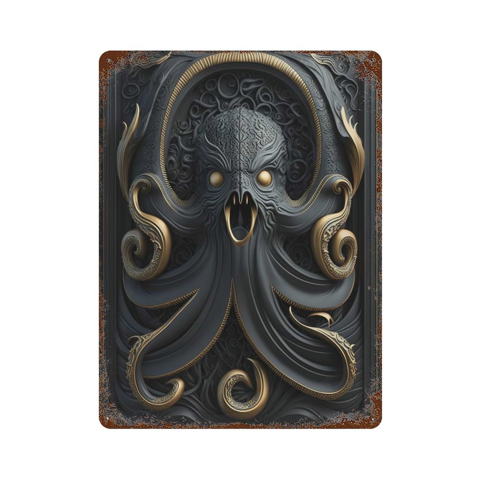 Kraken Octopus Gold Decor 15.7"x11.8" Weathered Tin Sign, Rustic Home Decor for Living Room, Hallway And Home Decor
