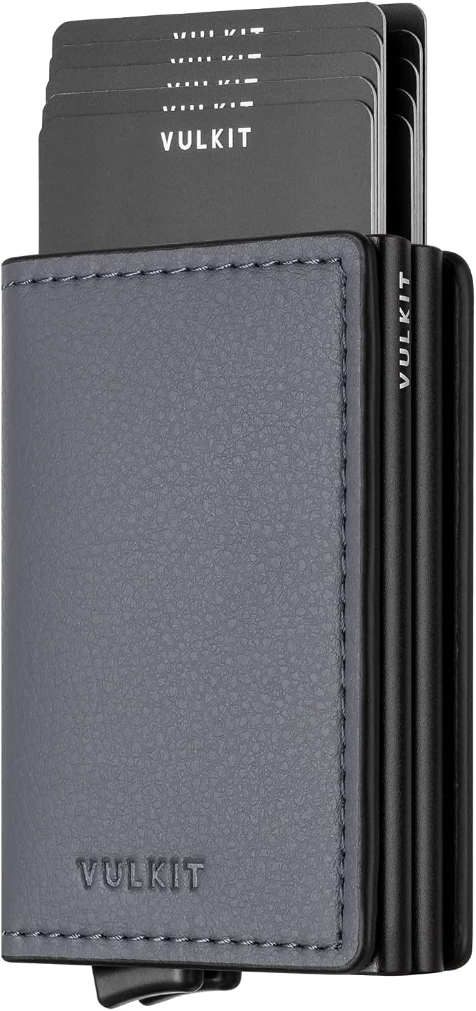 VULKITCredit Card Holder for Men Leather Card Wallet RFID Blocking Pop Up Metal Bank Card Case with 3 Slots for 10-14 Cards & Notes
