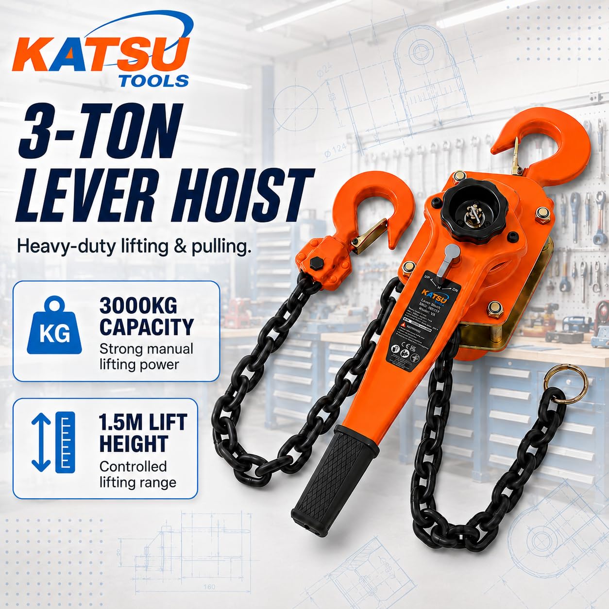 KATSU Tools Palan à Chaîne 3 Tonnes à Levier – Capacité 3000 kg, Hauteur de Levage 1,5 m, Treuil Manuel à Cliquet avec Crochets de Sécurité pour Levage et Traction