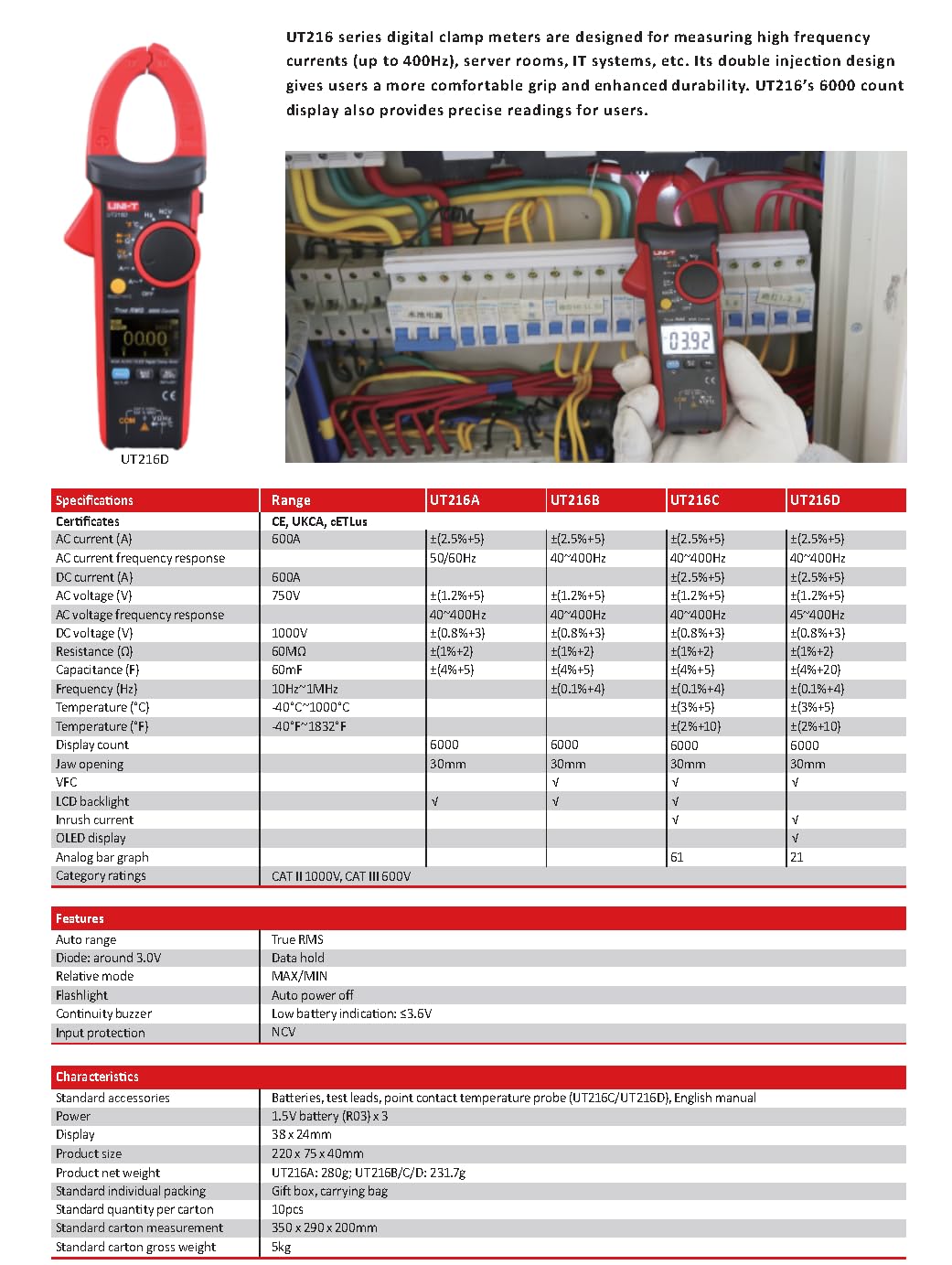 UNI-T Uni-trend Multimeter clamp meter UT216 Series True RMS Digital clamp meter UT216A UT216B UT216C UT216D 600A MAX/MIN/Relative Modes NCV Flashlight VFC Current clamps Current clamp meter(UT216B)