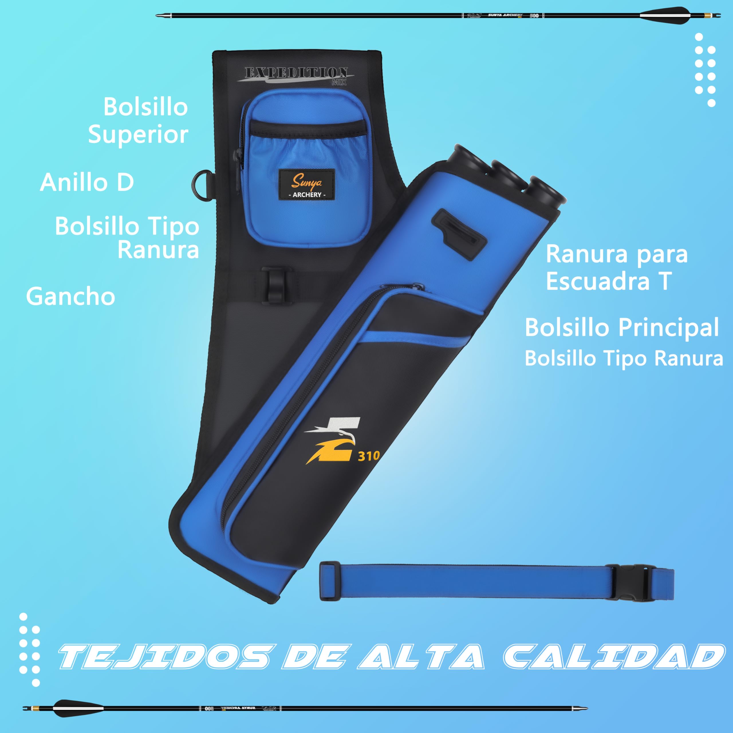 Sunya - Carcaj de Tiro con Arco para Flechas. Portátil,Incluye pestaña y Bolsillos de liberación y cinturón de Nailon. Apto para Arco Compuesto y Arco recurvo Blanco o Campo