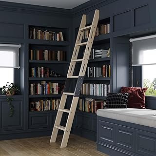 8FT Wooden Step Ladder with Build-in Handrail,Multi-use for Loft Stairs,Library Bookshelf,Kitchen,Workshop,Solid Spruce Wood,Easy Assembly,DIY Stain (Sliding Hardware is not Included)
