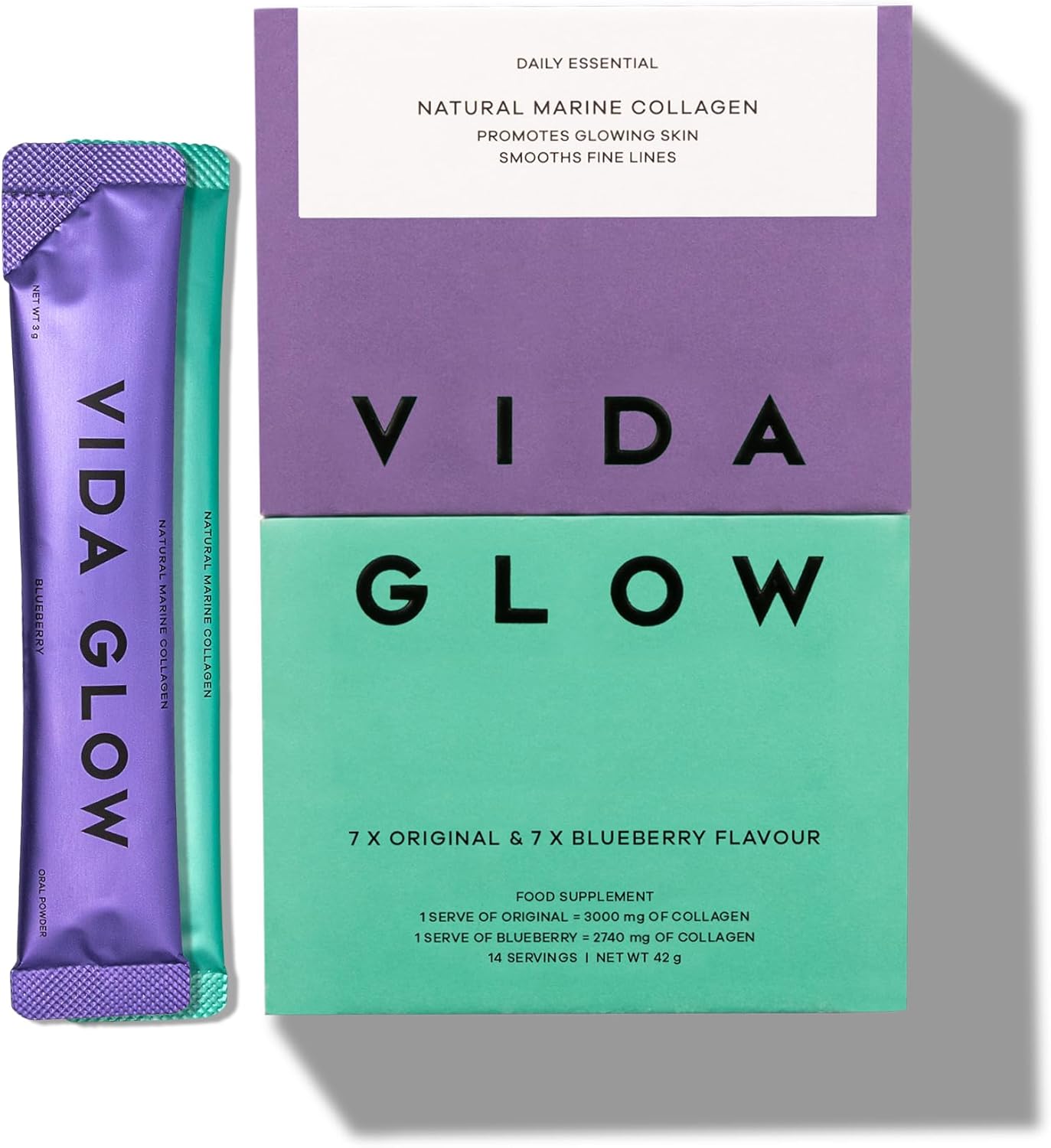 Vida Glow – Natural Hydrolysed Marine Collagen Sachets | Promotes Glowing Skin + Smooths Fine Lines (Mixed, 14 Sachets)