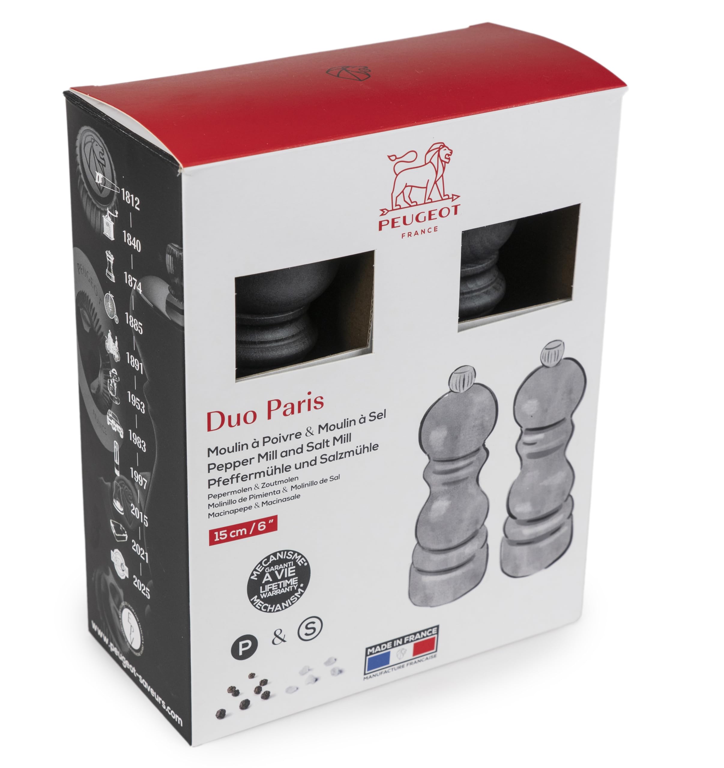 PEUGEOT – Duo Paris – Pfeffermühle + Salzmühle 15 cm – Klassische Einstellung – Aufbereitetes Holz mit PEFC-Zertifizierung – Farbe Graphit, Natur