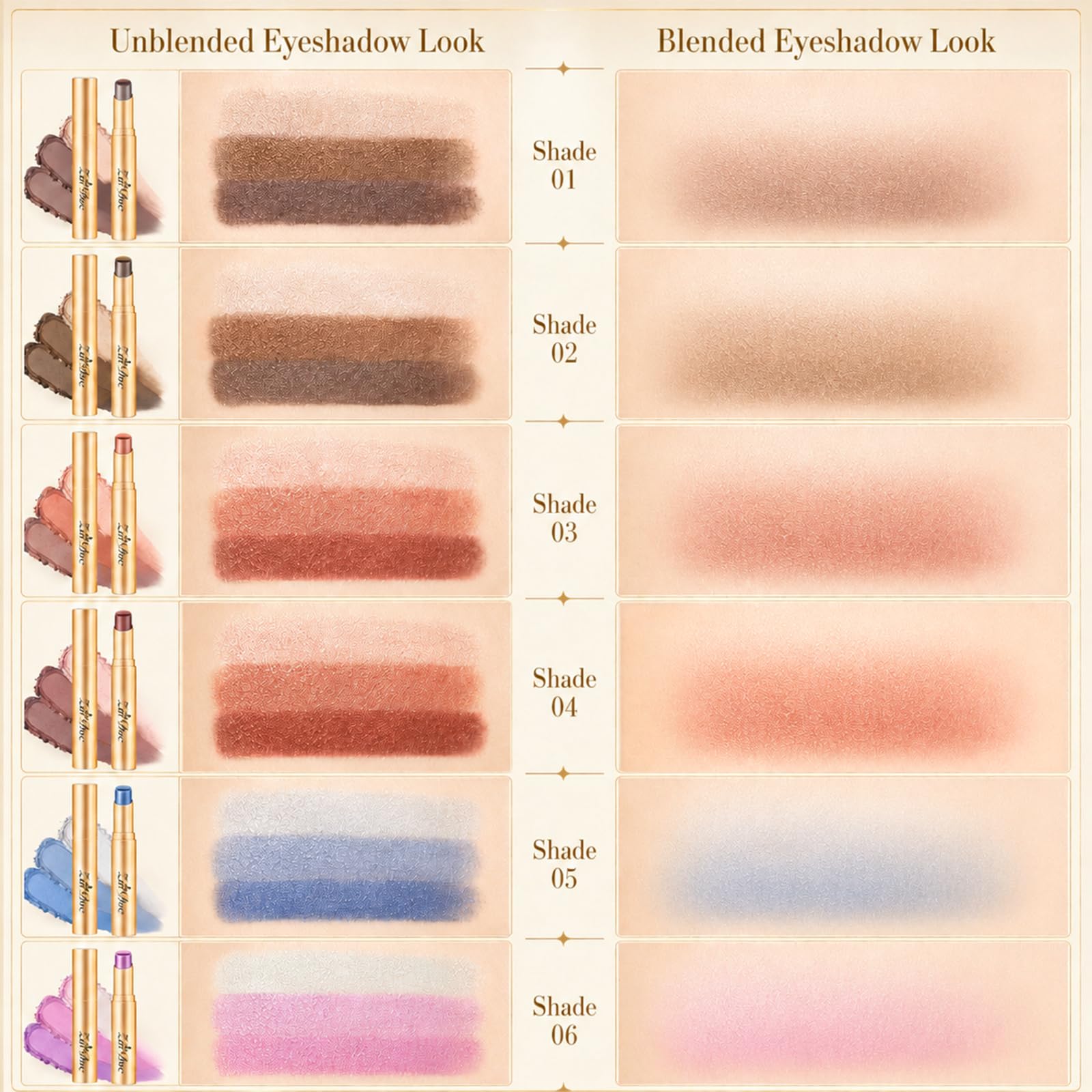 Set di 6 ombretti in stick, 3 colori, a lunga durata, impermeabili, con formula cremosa e vitamina E, per trucco giorno e notte, 35 g