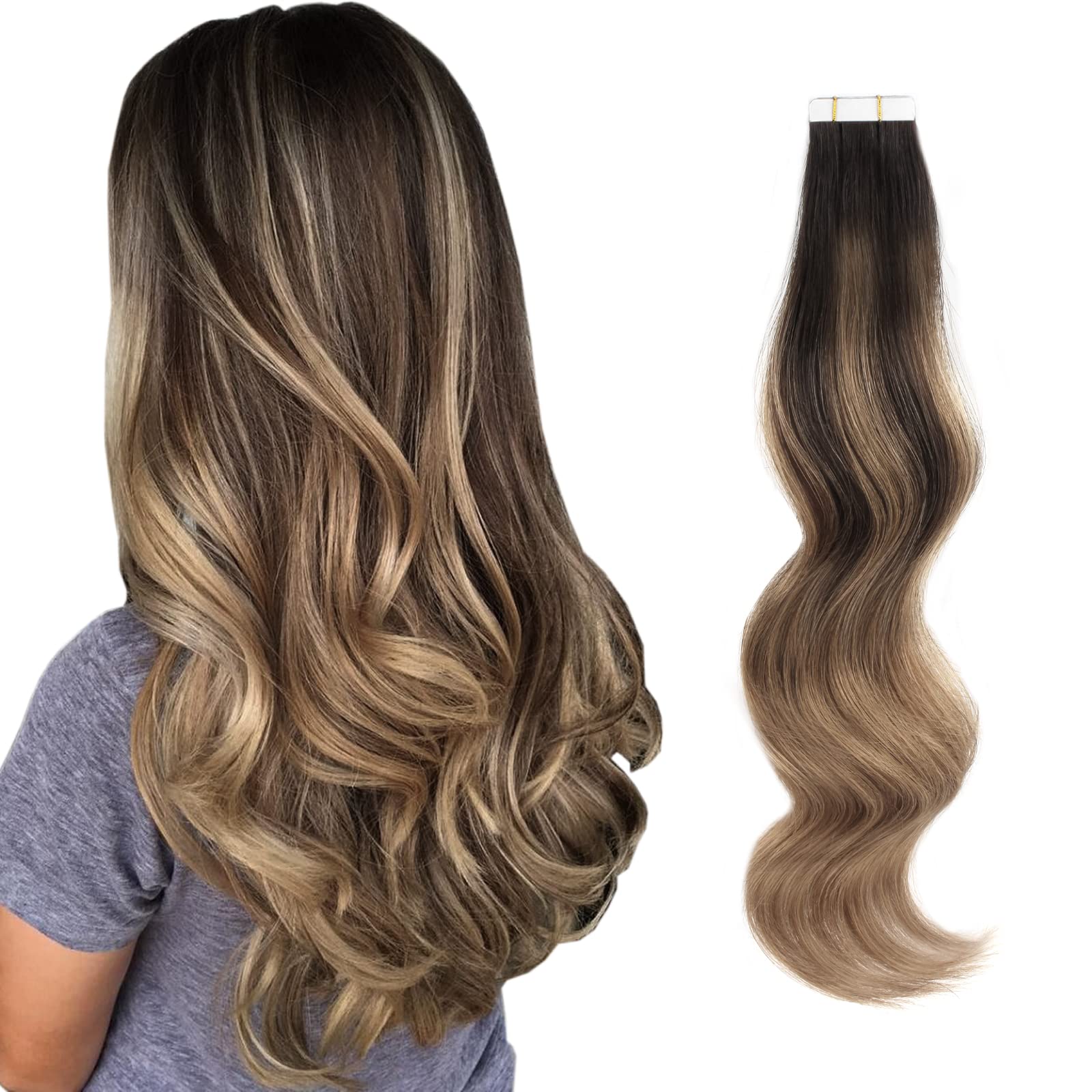 ABH AMAZINGBEAUTY HAIR Sun-kissed Human Hair Tape Extensions Balayage Double Sided Real Remy Human Hair Skin Weft, 50g 20pcs