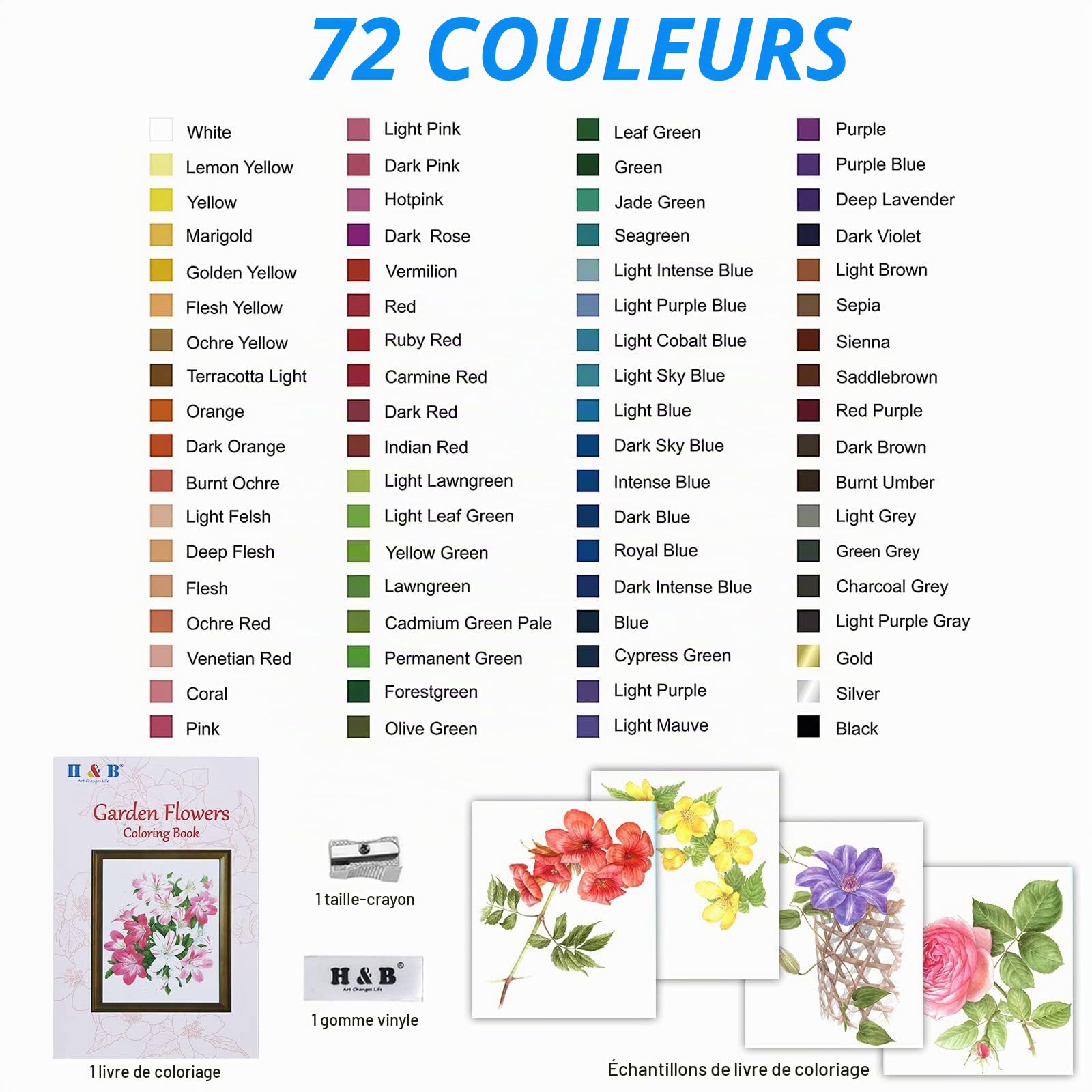 H & B 72 Set de crayons de couleur avec sac à fermeture éclair portable Bloc de croquis Kit de fournitures de dessin et d'art Crayons de couleur professionnels Crayons