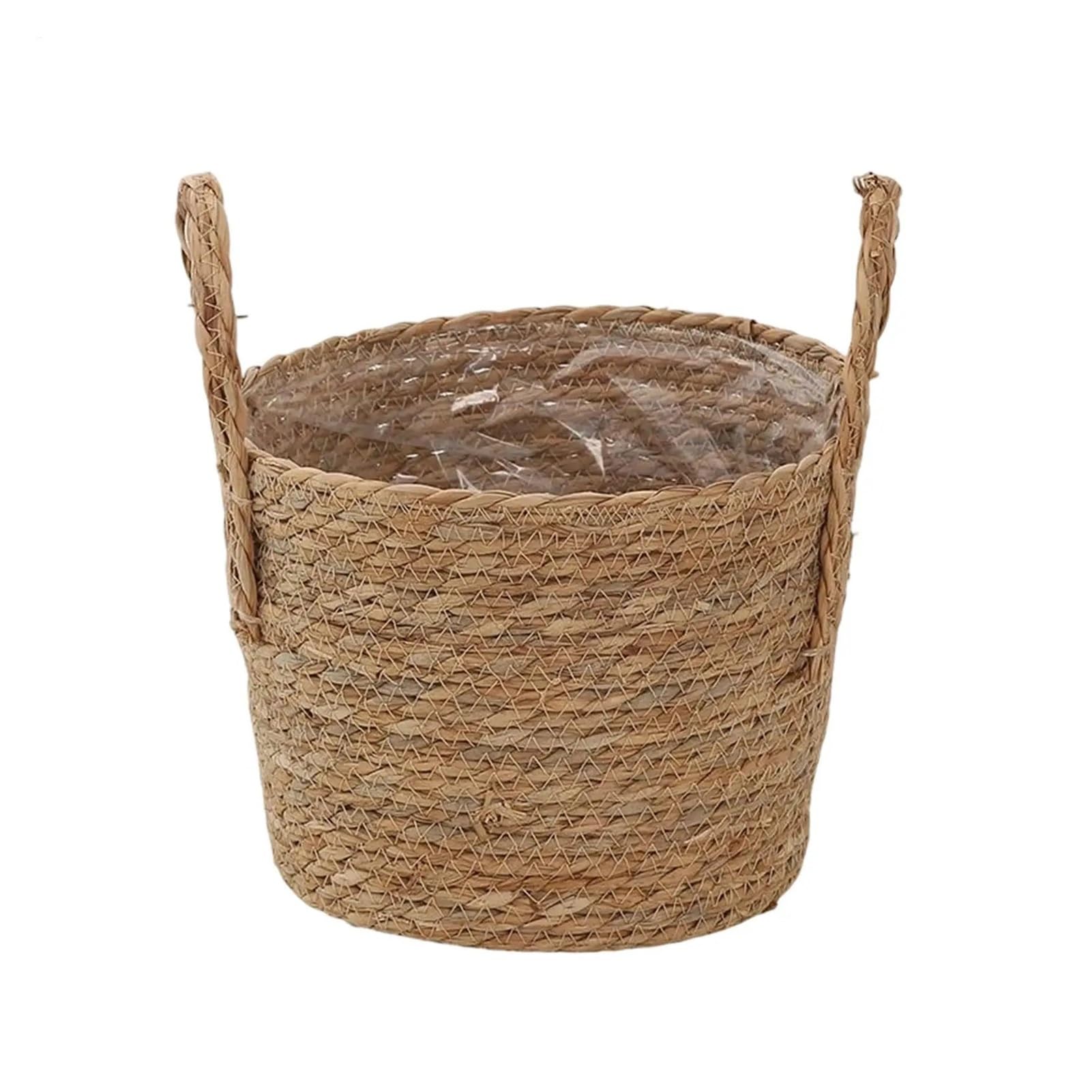LuoAXINN Woven Straw Flower Pot Wicker Plant Basket with Handles Flowerpot Planter Woven Rattan Pot Straw Grocery Storage
