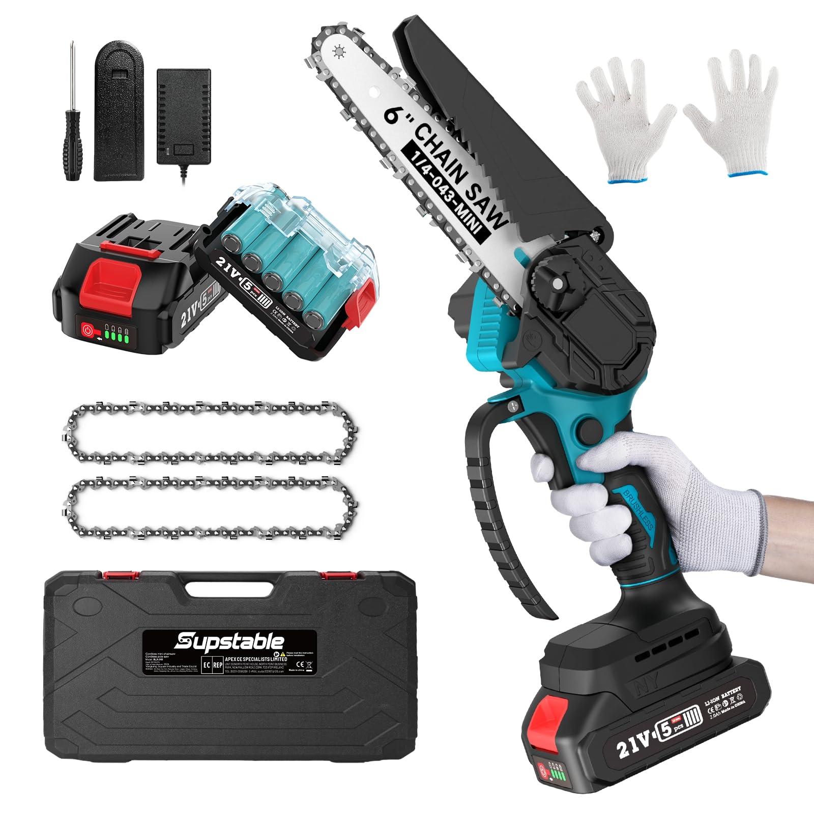 Supstable Motosega A Batteria 4000mAh, Motosega A Mano Da 6 Pollici, 2 Batterie 2.0 Ah E Caricabatterie, 2 Catene, Motosega Elettrica A Una Mano Per Alberi Da Giardino, Potatura Rami E Taglio Legna Mini Motosega 4000mAh-Blu