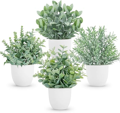 Miniatura 7 de Der Rose Plantas artificiales para interiores, 4 paquetes de pequeñas plantas falsas en macetas para decoración de baño, hogar, oficina, estante de