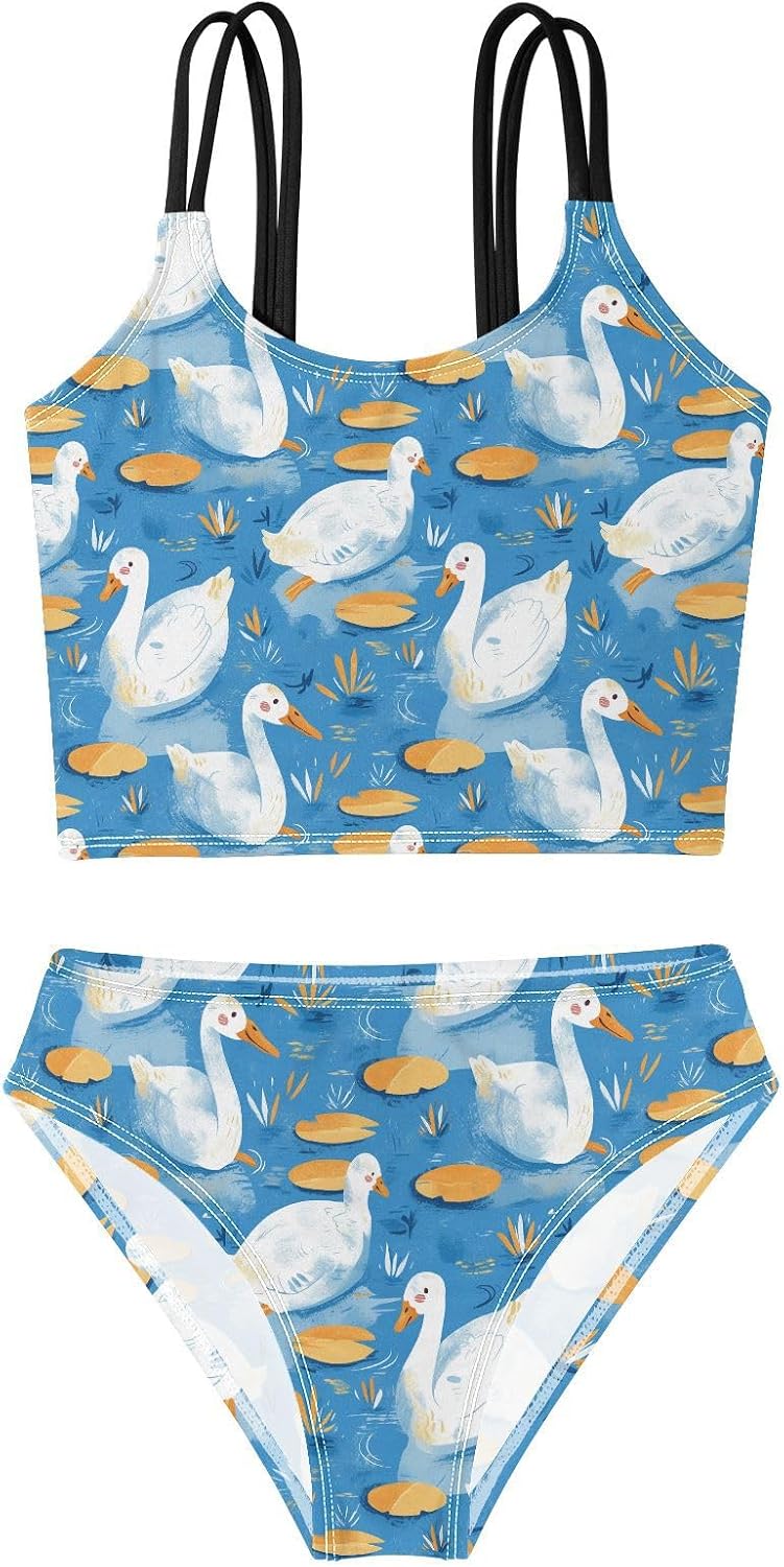 visesunny Girls Two Piece Swimsuits Cute Swans Swimming Girl's Bikini Sets Bathing Suits for Girls Size 5-12Y