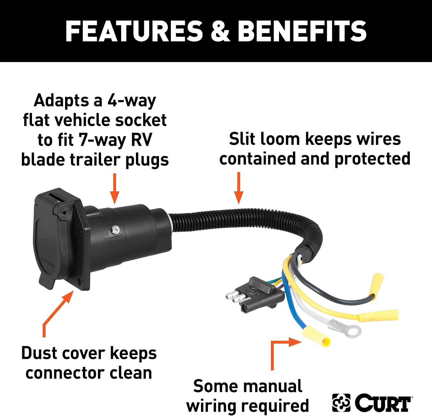 CURT 57184 4-Way Flat Vehicle-Side to 7-Way RV Blade Trailer Wiring Adapter, Black