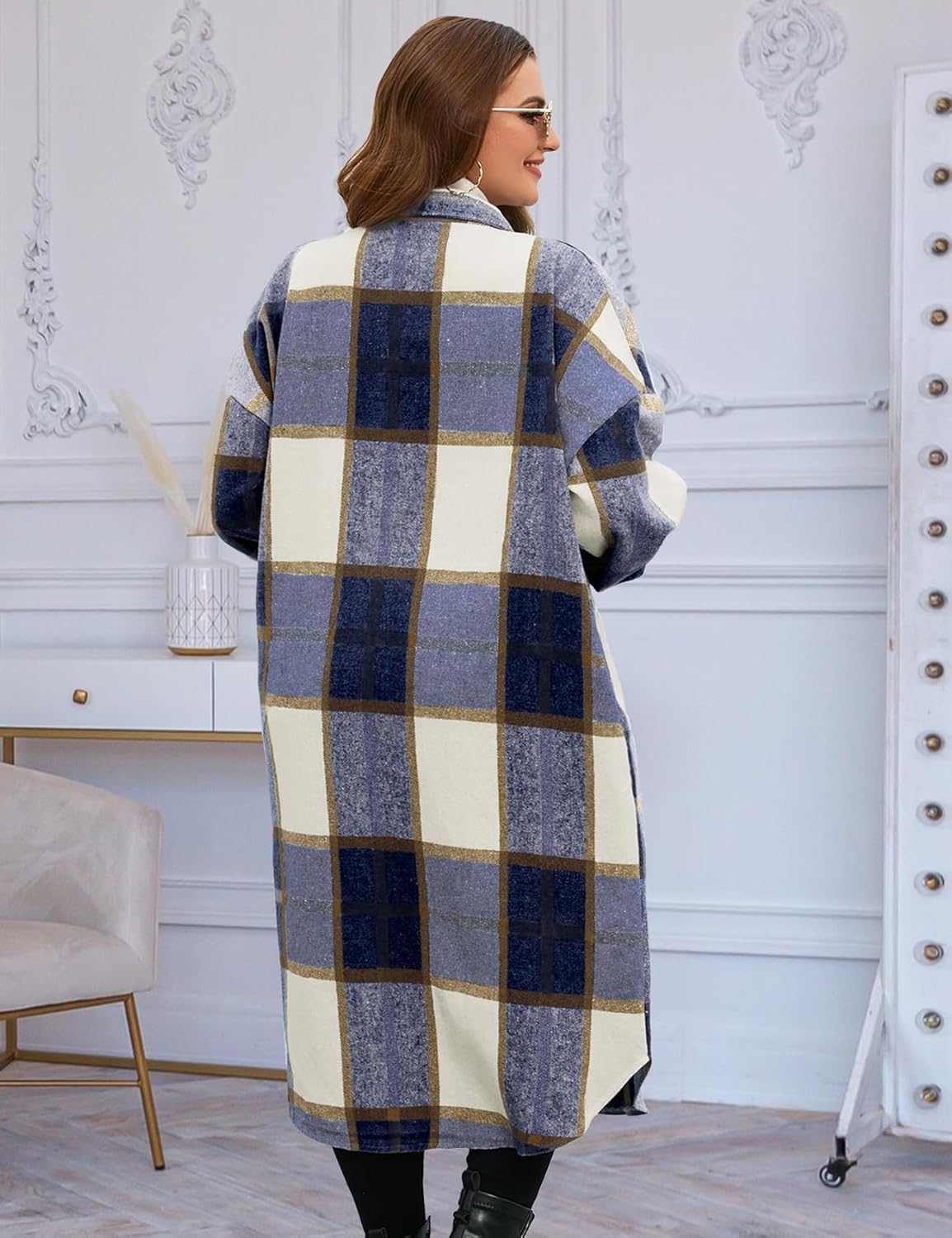 CYCLAMEN 2024 Women's Plus Size 1X-5X Long Flannel Plaid Shacket Jacket Calf-Length Button Down Coat Shirt Pocket Fall Winter - Image 2