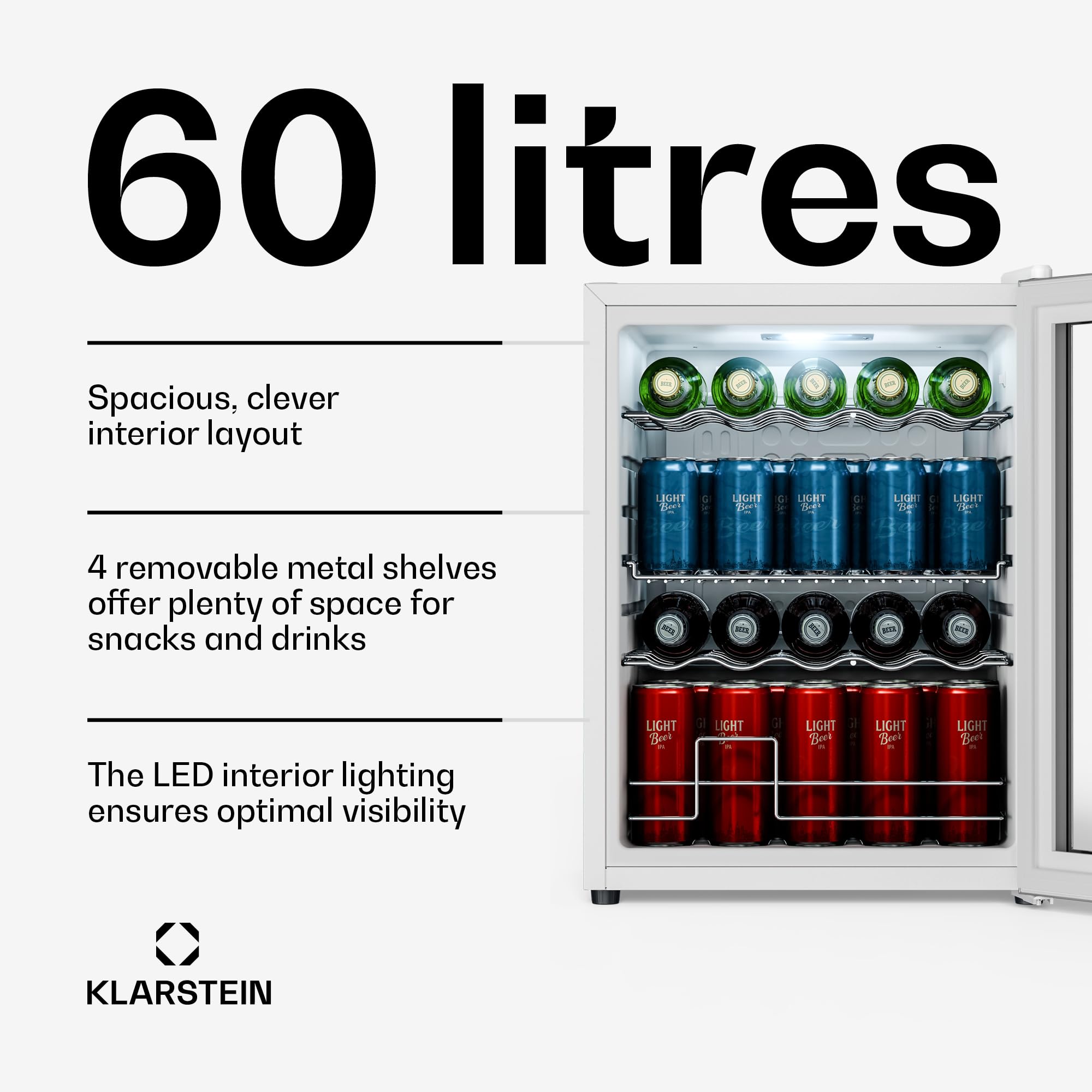 Klarstein Beersafe 60 L Mini Lodówka ze Szklanymi Drzwiami – Lodówka na Napoje, Biały | oświetlenie LED, wyjmowane metalowe półki, cicha, lodówka na piwo i napoje, puszki i butelki