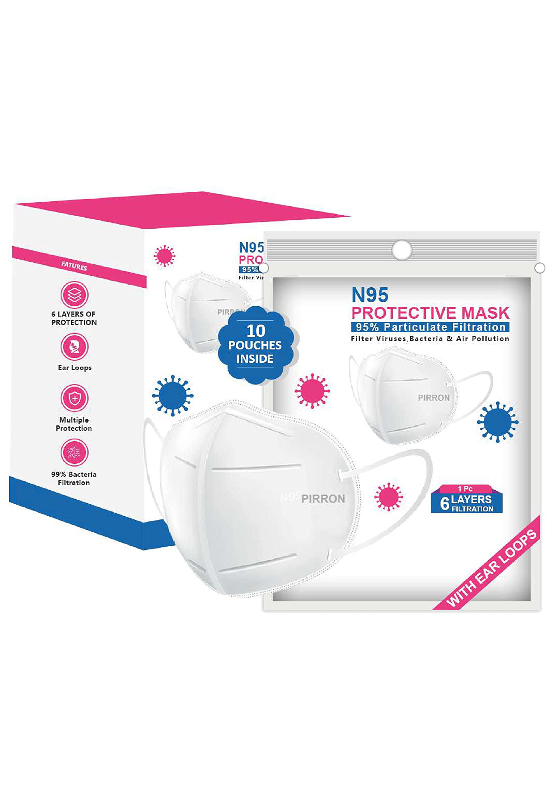 Pirron Unisex Nonwoven Fabric N95 Reusable And Washable Air Pollution CE & ISO Certified Mask with 6 Layer without Valve (White, Pack of 10) (B096W3HT7D) Amazon Price History, Amazon Price Tracker