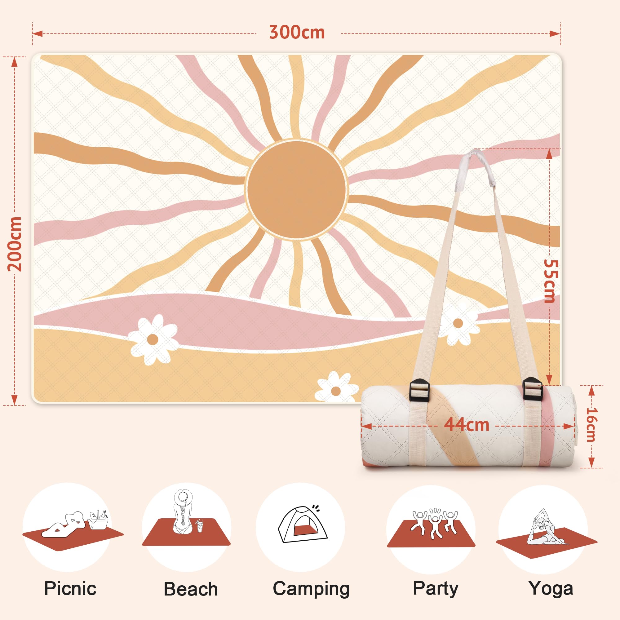 LARUTAN LARUTANPicknickdecke, wasserdicht, maschinenwaschbar, tragbare Stranddecke mit Tragegurt - für Strand, Picknick & Camping Sicilia 200 x 300 cm,