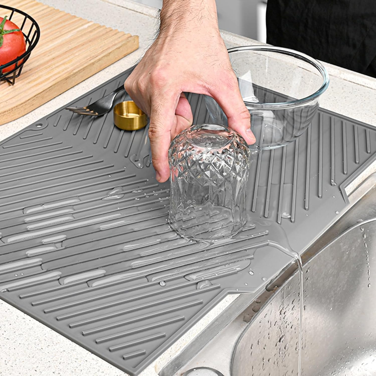 PANCA Dish Drying Mat for Kitchen Silicone Mat for Utensils Drying Organiser- Large Size with Built in Drain Lip Protects Countertops, Prevents Water Buildup (Silver, Set of 1)-image-18