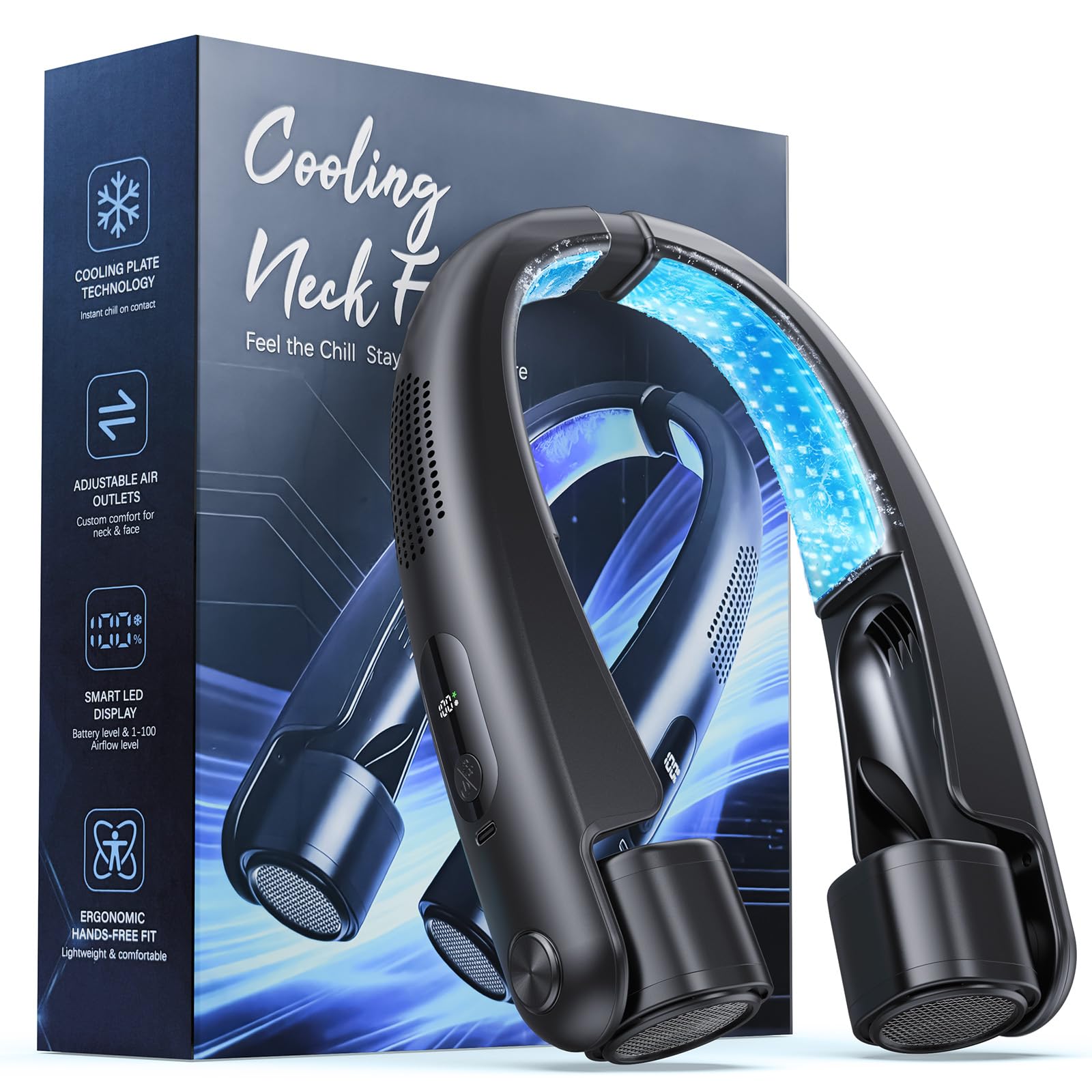 Photo 1 of Portable Neck Fan with Cooling Plates, 6000mAh Rechargeable Wearable Fan with 1-100 Speed Control, Hands-Free Personal Cooling Fan with Digital Display, Adjustable Air Outlets for Travel Outdoor