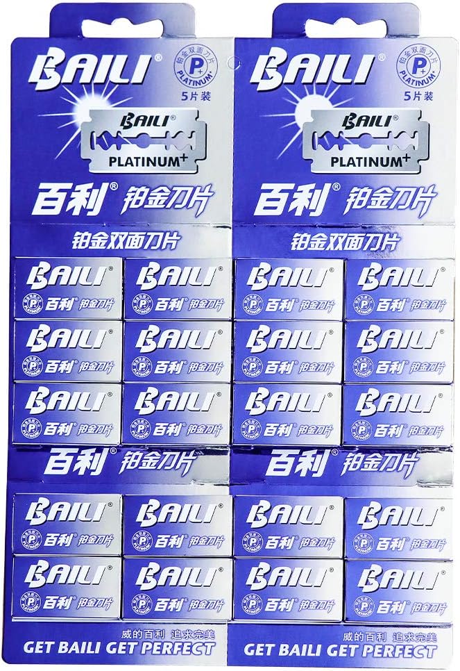 Packaging of 100 BAILI Platinum Double Edge Safety Razor Blades