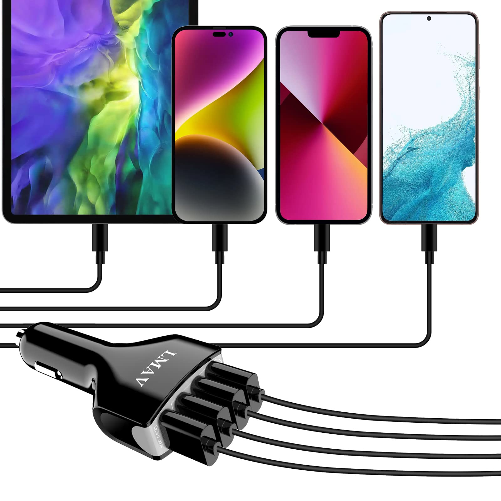 LMAV USB Car Charger Adapter, 4-Port QC 3.0 Car Charger Fast Charging for All Smartphone and Other USB Devices.