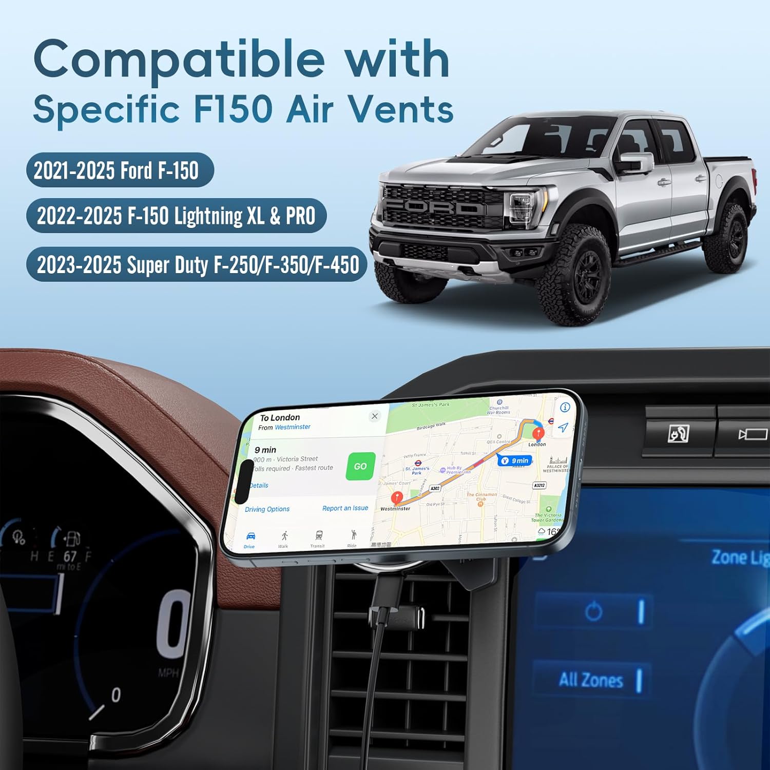 Car Vent Wireless Charger Magnetic Phone Mount Compatible with 2021-2025 Ford F-150, 2023-2025 Super Duty F250/F350/F450, Metal Phone Holder Cradles Bracket Stand for All Smartphones (No Socket Arm)