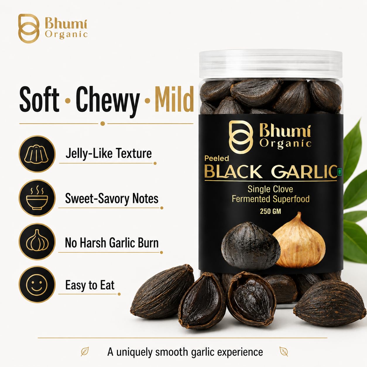 Bhumi Organic Schwarze Knoblauchzehe, verzehrfertig, 90 Tage gereift, sehr nahrhaft (250 g)