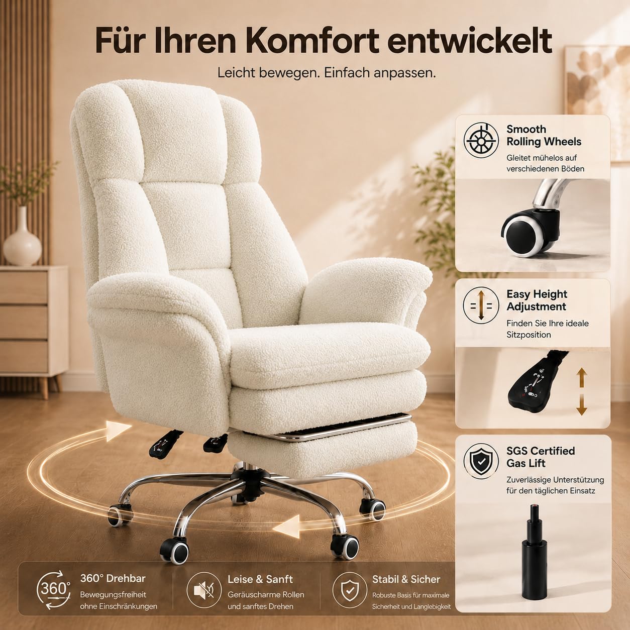 HOMRELEXA Bürostuhl mit Fußstütze, Teddy-Stoff Sessel für Home Office, 135° Verstellbare Rückenlehne, Extra Breiter Sitz für Schneidersitz, Drehstuhl zum Arbeiten, Lesen und Entspannen, Weiß