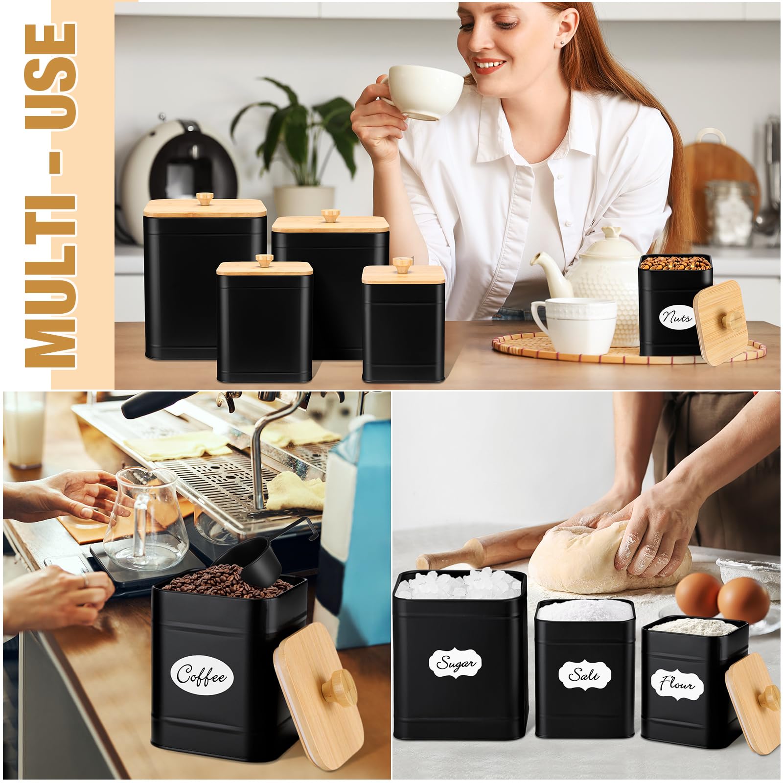 Buryeah Juego de 5 botes negros para la cocina, juego de 5 botes de cocina