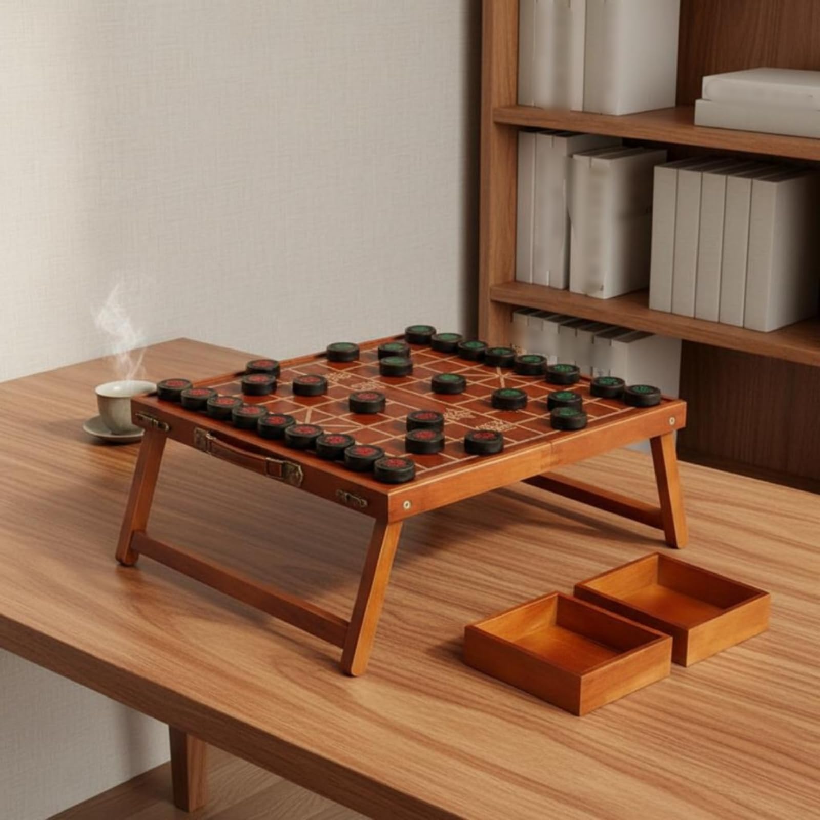 Scacchiera Pieghevole Tavolo da Gioco Legno Stile Xiangqi con Maniglia Trasporto Adatta a Allenamento Famiglia Tempo, Scacchiera Pieghevole + Scacchi In Sandalo Rosso Grandi