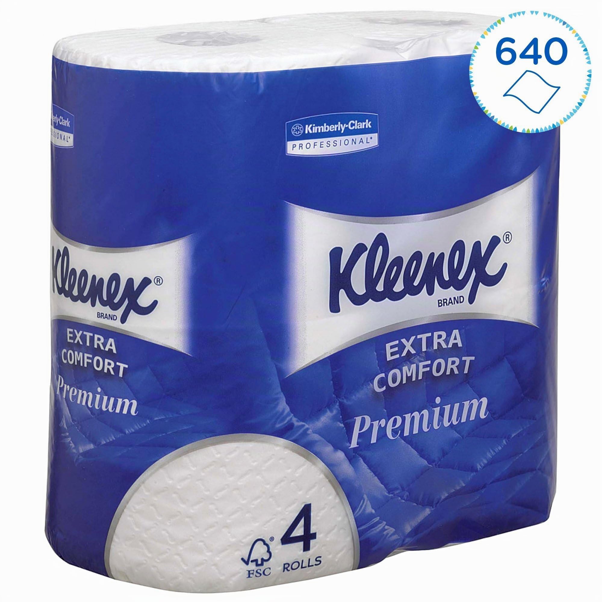 Kleenex Premium Toilettenpapierrolle, 4-lagiges Toilettenpapier, WC-Papier mit wattierten Blättern aus 100% reinen Fasern, FSC-zertifiziert, 24 Rollen x 160 (insg. 3.840 Blätter), Artikel-Nr. 8484