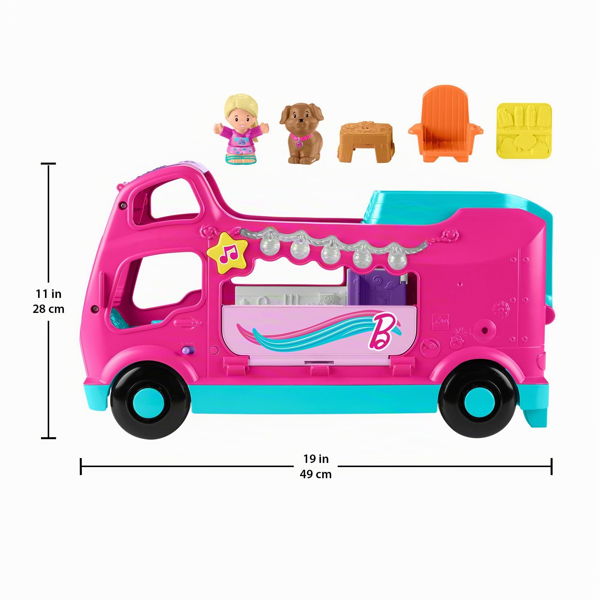Fisher-Price Little People Barbie - Piccolo Camper dei Sogni di Barbie, playset Veicolo Mobile con luci e Suoni, Sedia, Tavolo da Campeggio e 2 Personaggi Inclusi, 1+ Anni, HYR85