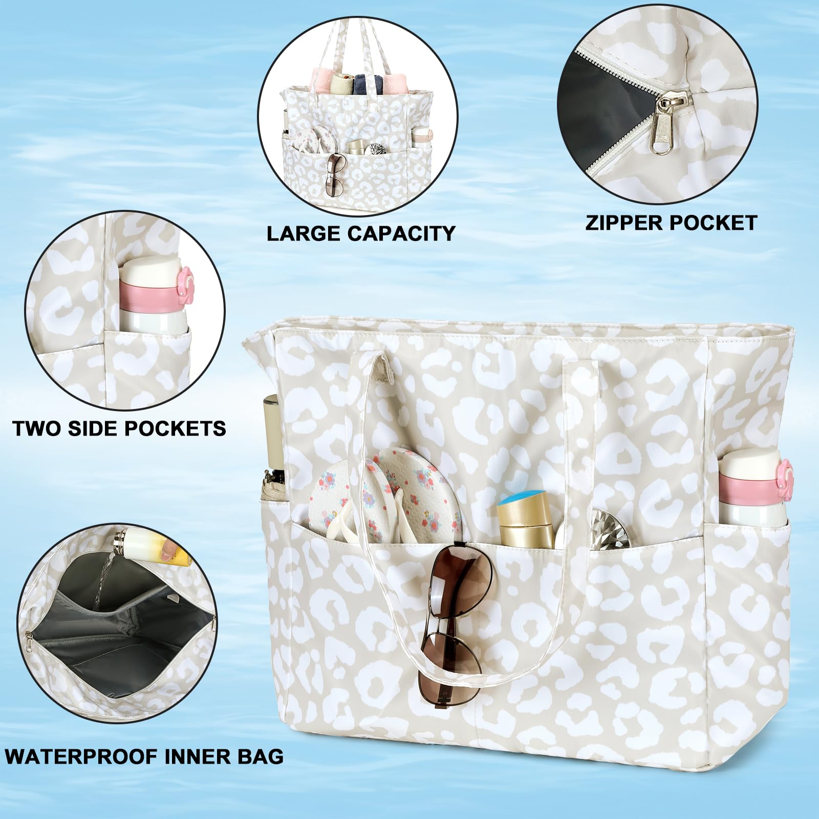 LEDAOU Strandtasche für Damen, wasserdicht, sanddicht, Strandtasche mit Reißverschluss, für Schwimmen, Fitnessstudio, Essen, Reisen, mit Nasstasche | Sanddicht