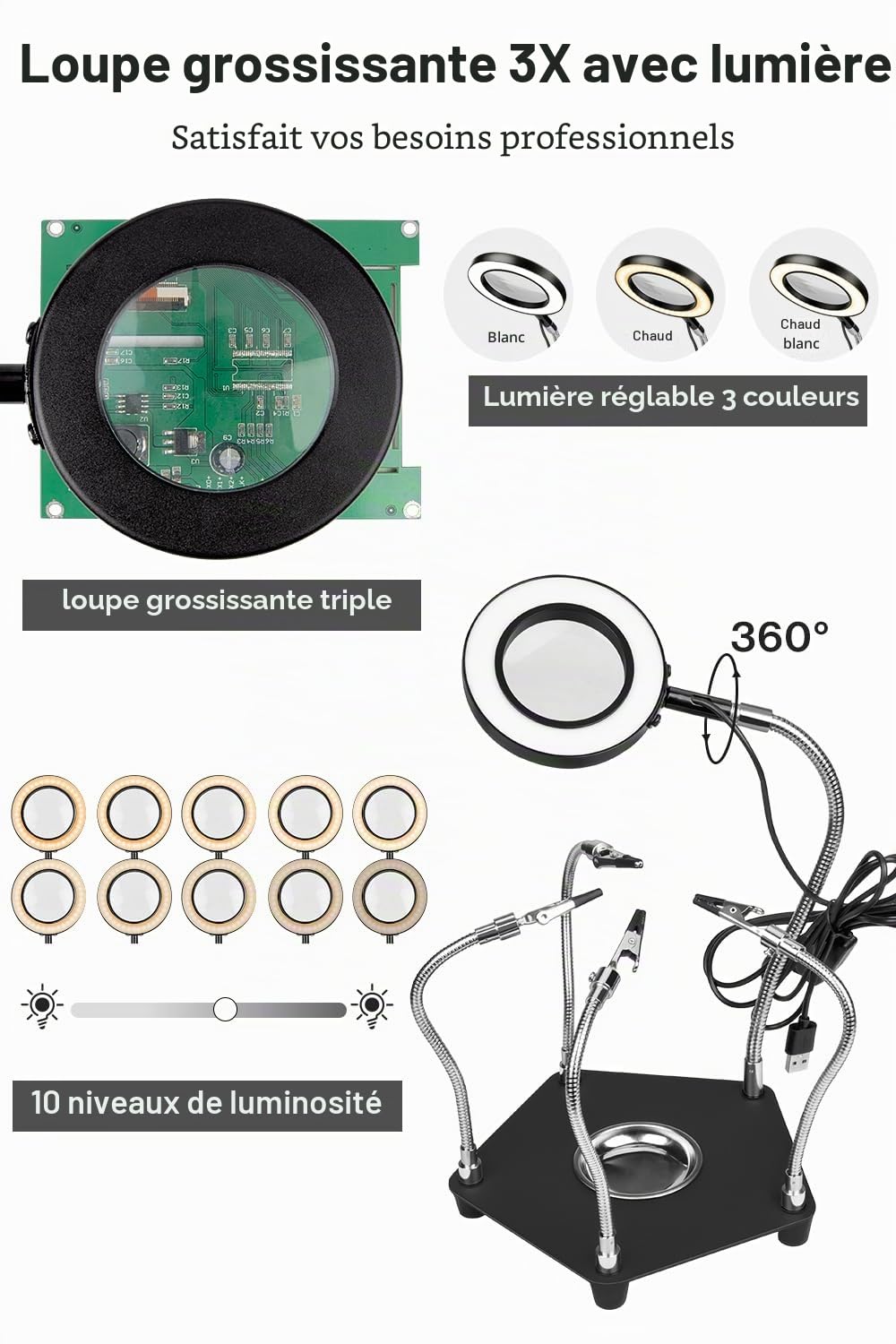 Lytool Troisième main Soudure,Aider Les Mains Station de Soudage, avec Lampe Loupe 3X LED à Intensité Variable, Main d'Aide à Souder Flexible avec 4 Bras de Support pour Les Réparations de Soudure