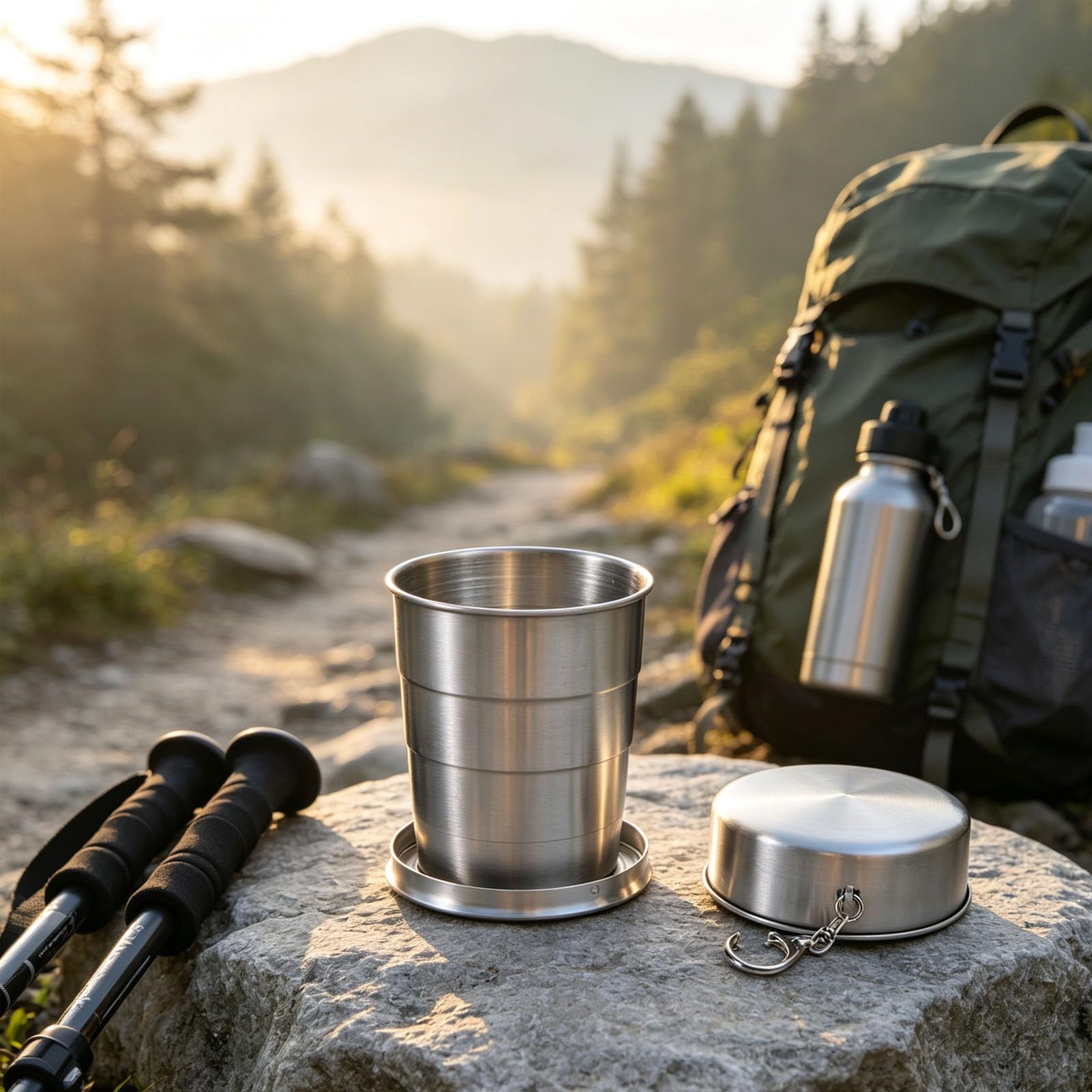 Luocute Tazza Pieghevole in Acciaio Inossidabile, con Portachiavi (Grande | Tazza da Viaggio Pieghevole con Coperchio, per Viaggi in Campeggio