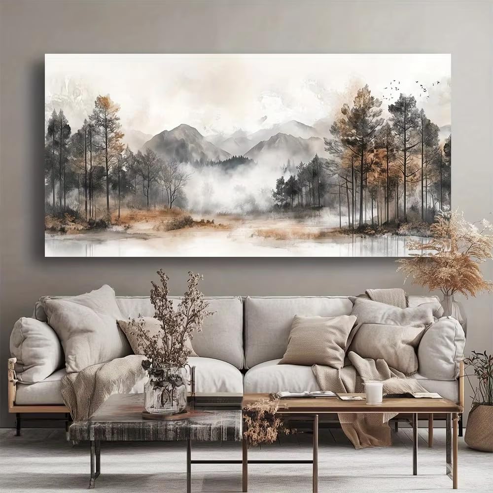 AEFOUU Print Canvas Wall Art Misty Forest Mountain View Abstract Painting Picture for Living Room Bedroom Office Modern Decor(65x130cm/26x52in/Frameless)