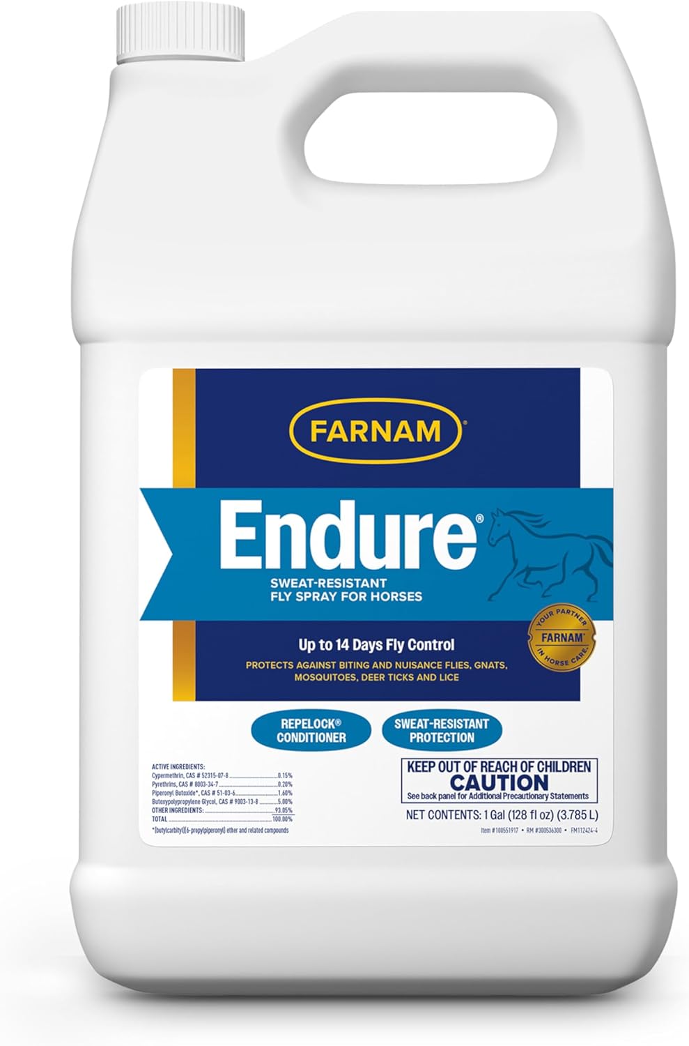 Farnam Endure Fly Spray for Horses - Long-Lasting Sweat-Resistant Fly Repellent, Repels Flies, Mosquitoes, Gnats and Ticks, Up to 14 Days Fly Control - 128 oz Refill