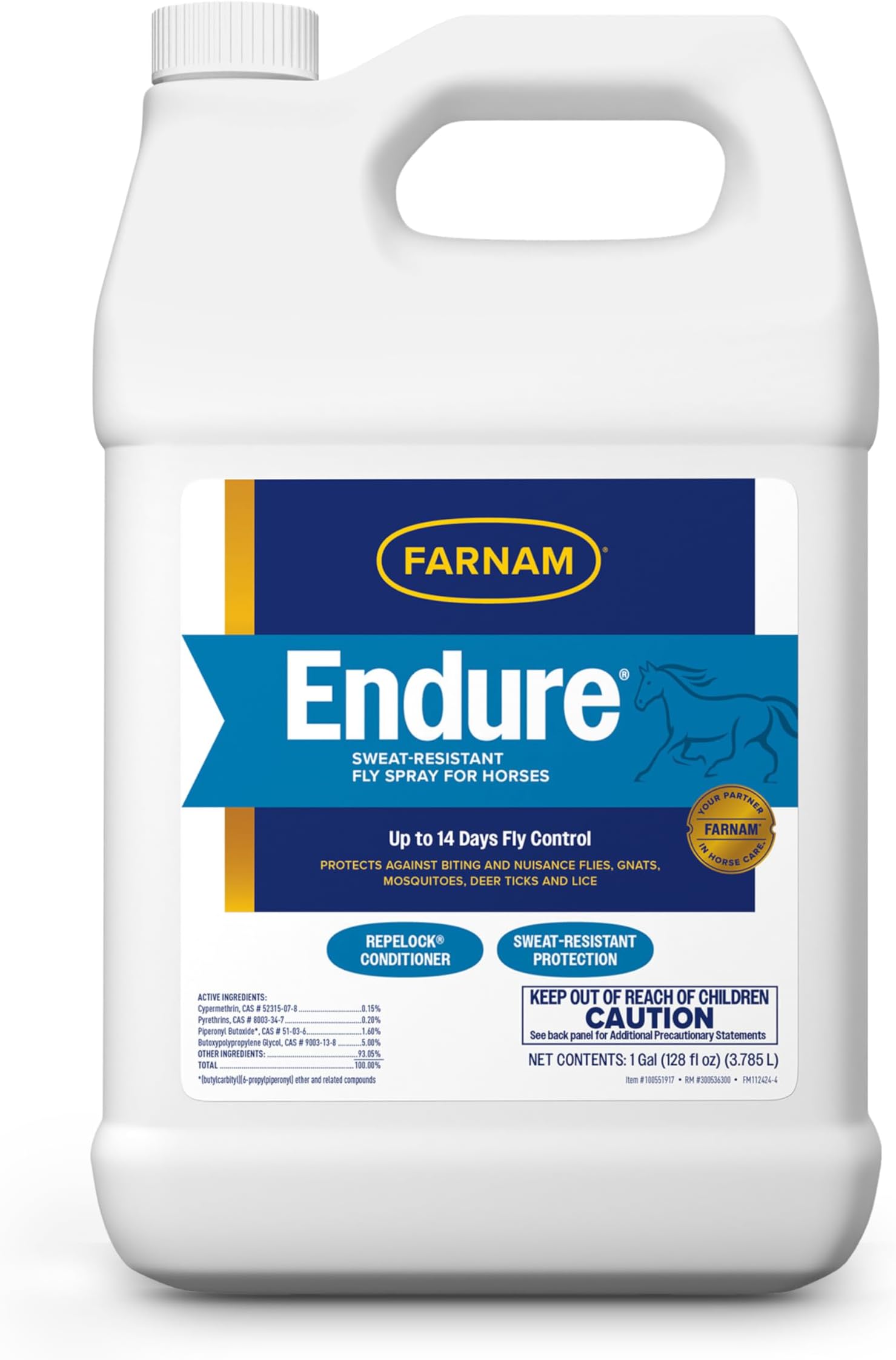 Farnam Endure Sweat-Resistant Fly Spray for Horses, Sweat-Rsistant Formula Lasts Up to 14 Days, Kills and Repels Against Flies, Gnats, Mosquitoes, Ticks & Lice, 128 oz.