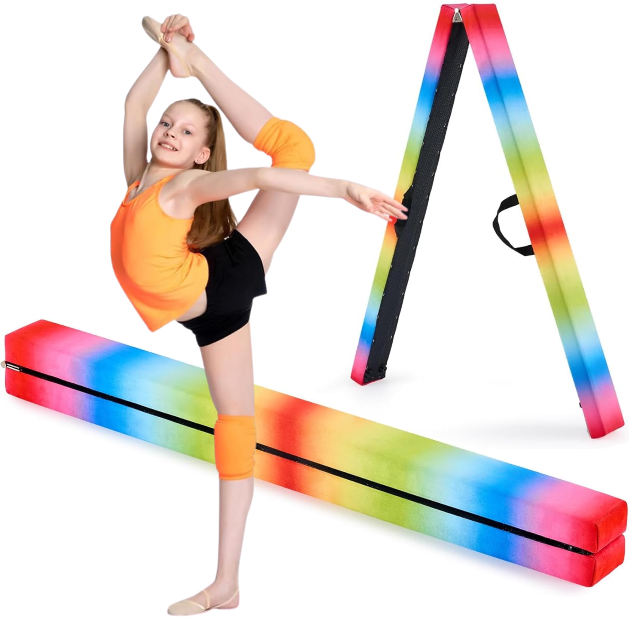 Pangu8 Ft Folding Gymnastic Balance Beam with Non-Slip Suede & Carry Handles – Portable Home Gym Equipment for Kids, Beginners. For Hard Floors (Lridescent)