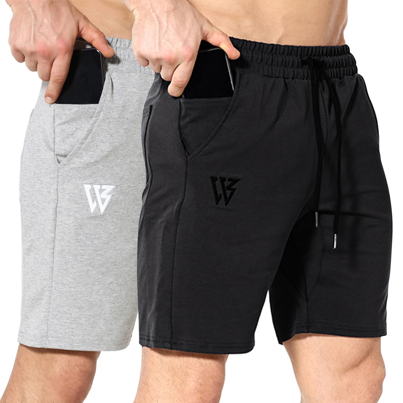 ZENWILL Mens 2 Pack Zip Gym Athletic Shorts, 7" Workout Running Fitness Cotton Training Shorts for Men with Zip Pockets