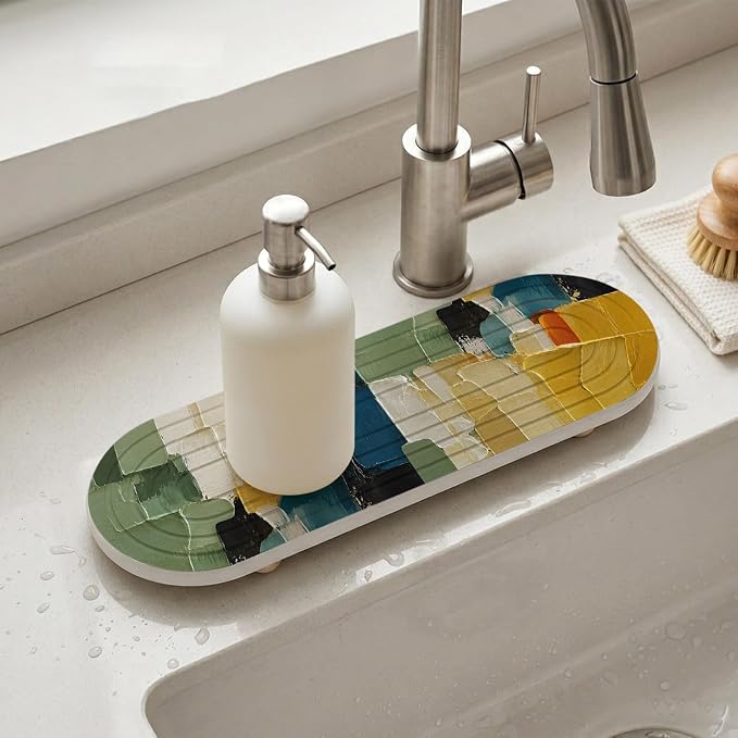 1 PCS Oil Painting Patches Water Absorbent Diatomite Coasters Minimalist Abstract Green Yellow Blue Block Non-silp Diatomite Stone Sink Tray with Grooved Design for Bathroom Kitchen Counter 12x4in miniatura 2