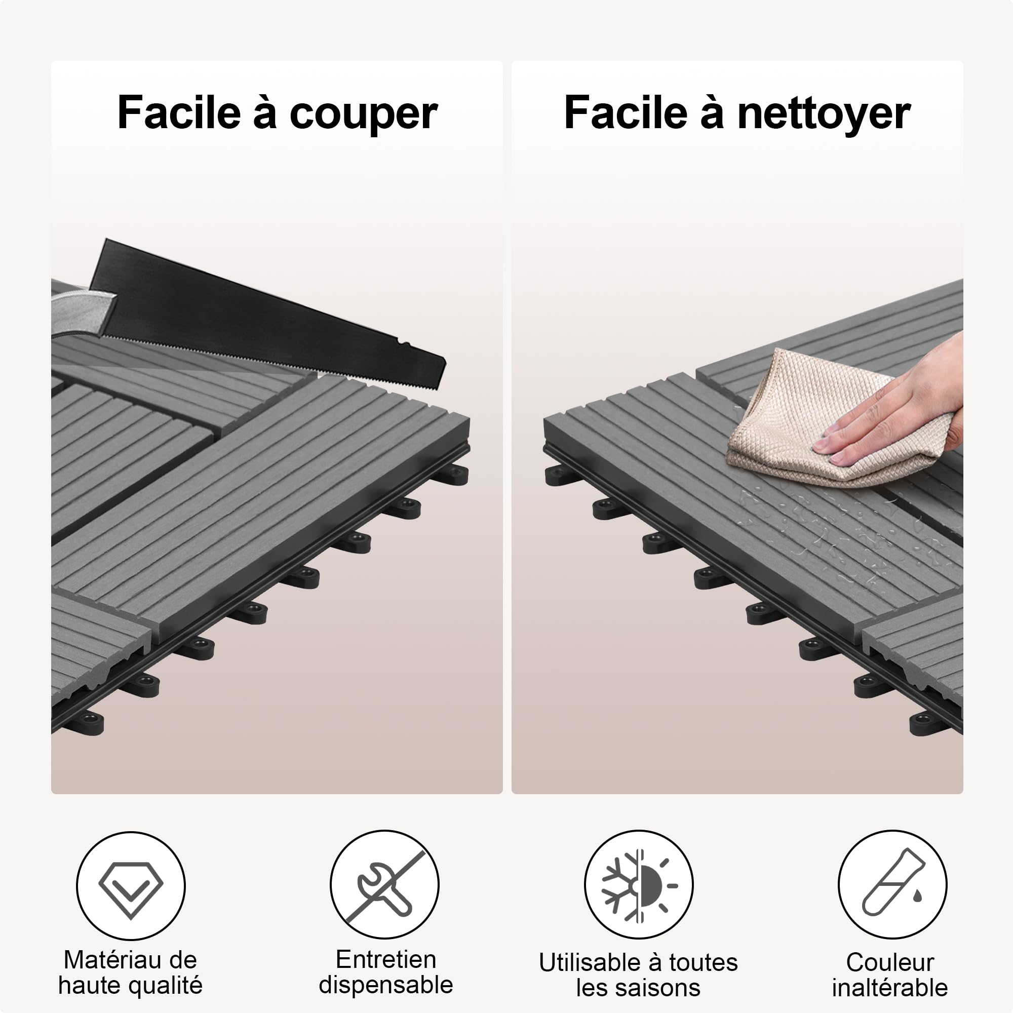 Laneetal Lot de 11 Carreaux de Terrasse à Lattes en WPC, Carreaux Extérieur pour Jardin, Dalle de Terrasse Clipsable en Composite à Emboîtement, Patio, Balcon, 30x30cm, Effet Bois, Gris clair