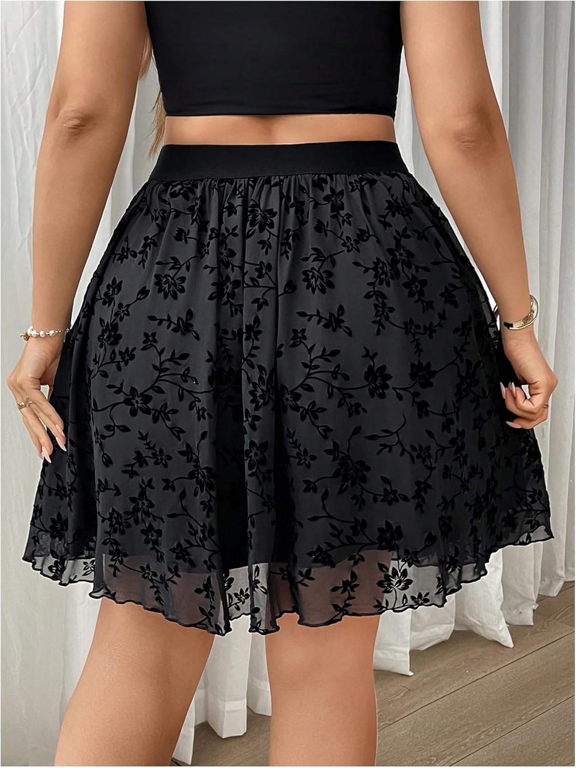 MakeMeChic Women's Plus Size Mini Skirt A Line Floral Mesh Sheer Ruffle Summer Short Skirts