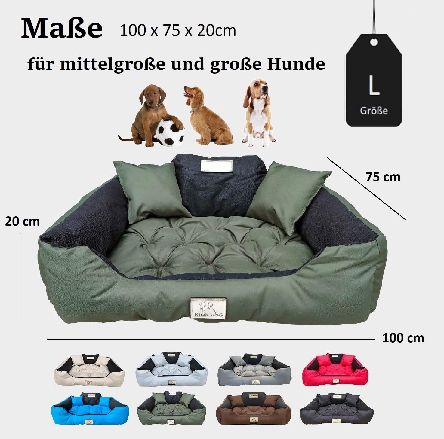 KING DOG Hundebett Grosse Hunde Waschbar L 100 x 75 cm Hundekissen Haustierbett Hundekorb Personalisiert - Name des Hundes Wasserdichtes Material Silikon Füllung Grün