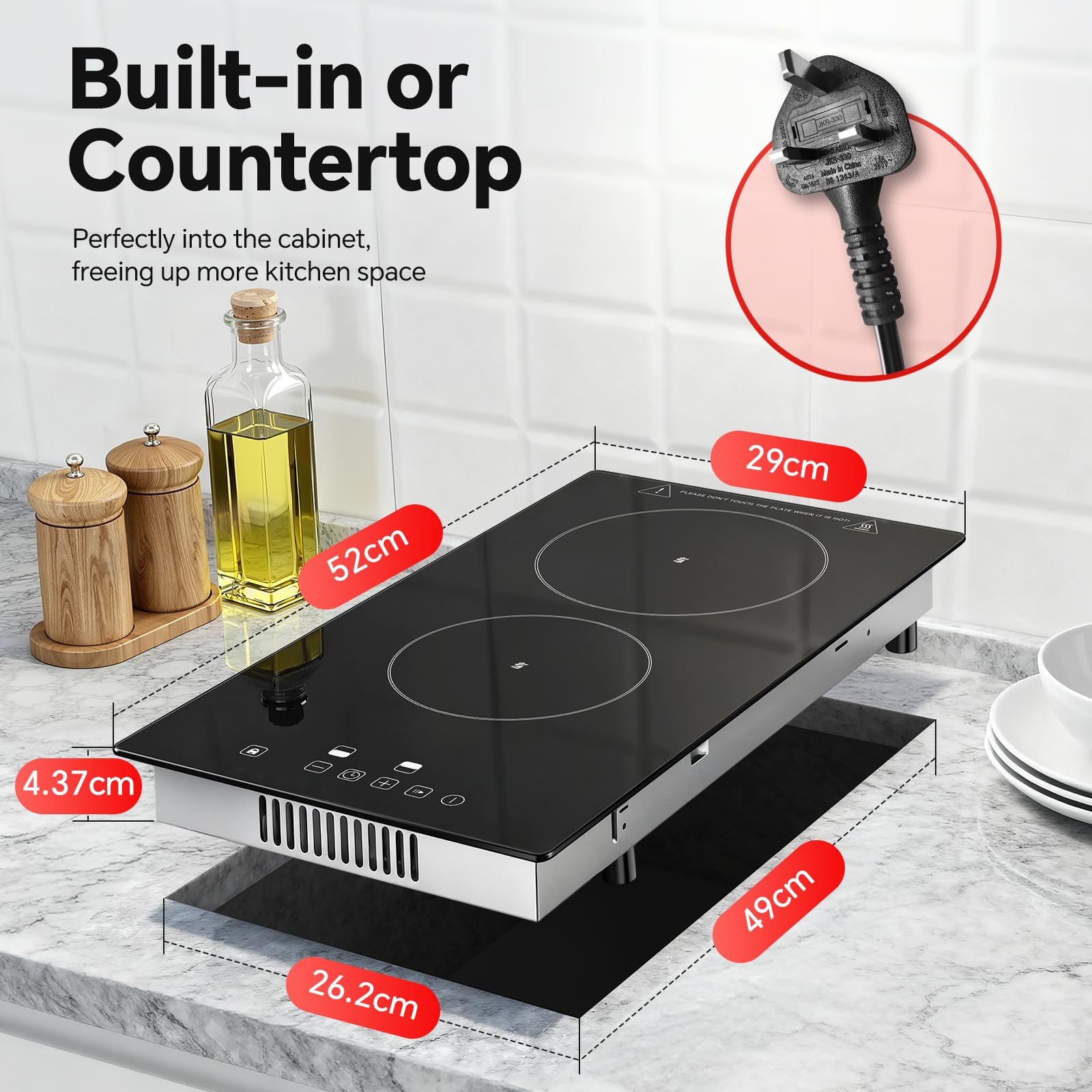 SNDOAS 30cm Ceramic Hob 2 Zones, 3000W Electric Hob Built-in/Countertop, Pause Function & 1-99 Min Timer, 9 Power Levels Touch Control, Child Lock, All Pots Compatible, Plug in Hob with UK standard — view 2