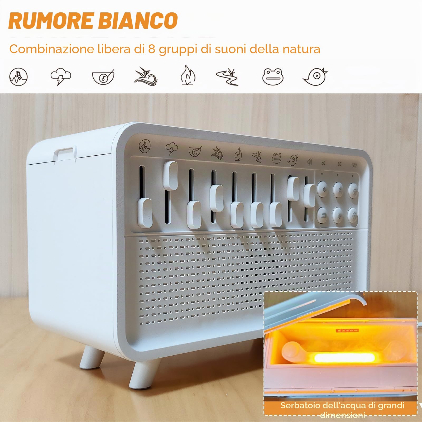 Umidificatore per macchina del suono con 8 suoni della natura, Bulora Sound Box con diffusore di aromi e fiamma di simulazione per adulti, casa, ufficio, relax