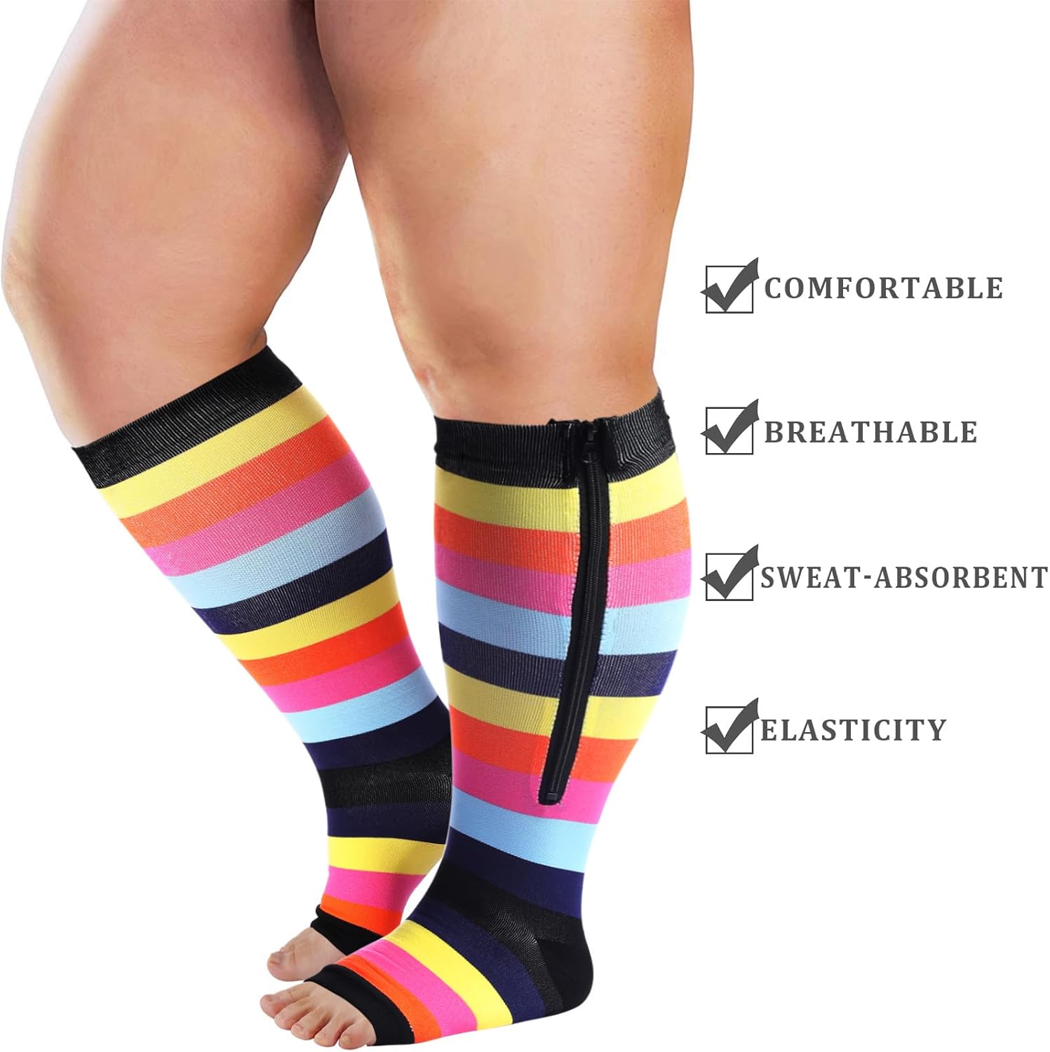 Abodhu Plus Size Compression Socks for Women Open Toe Compression 15-20mmHg Wide Calf Knee High Compression Sock Zipper - Image 5